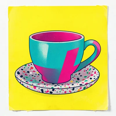 A large teacup with a Sottsass-style geometric handle in teal and hot pink, sitt