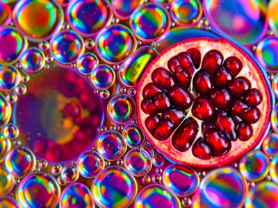 Cross-section of a pomegranate showing ruby arils packed like stained glass