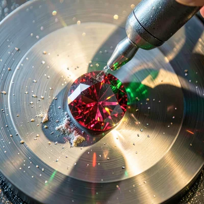 Through the Jaipur gem cutter's eye, faceted light, A lapidary wheel spinning, w