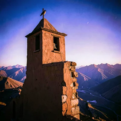 High altitude photograph, thin mountain air, A church bell tower silhouetted aga