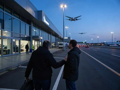 A goodbye at an airport drop-off lane during blue hour, one person already turni