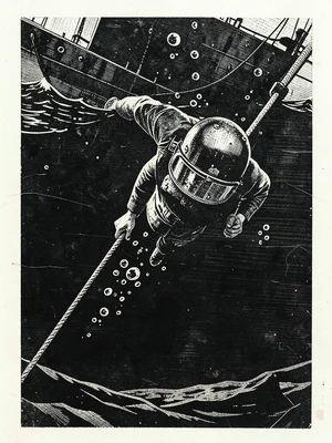 A diver in a heavy brass helmet descending on a line into dark water, air bubble