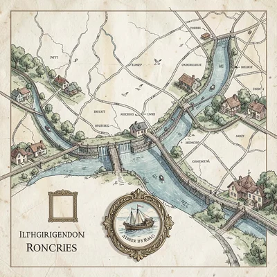 A nautical canal-cruise itinerary chart of a fictional inland waterway with lock