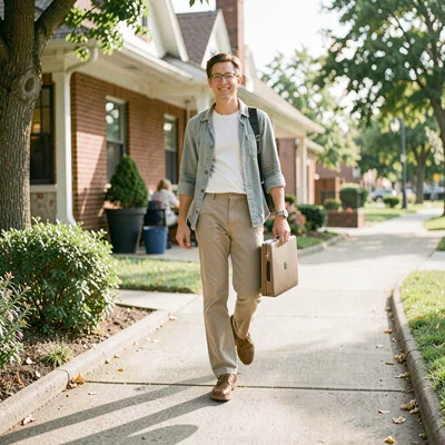 Documentary photograph, Person walking outdoors with laptop bag, transitioning b