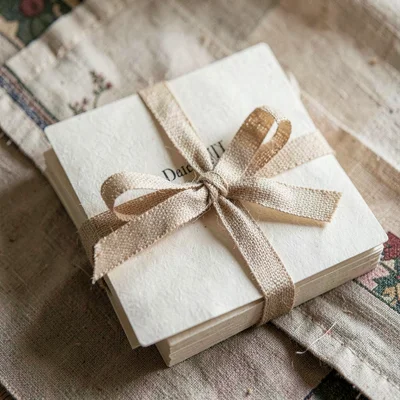 Top-down still life of a stack of textile-on-paper cards tied with linen ribbon