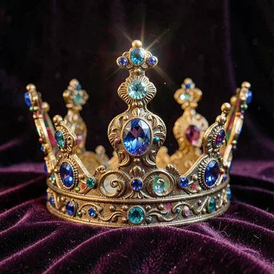 Ornate prop study of a royal crown with embedded sapphire, brass detailing, isol