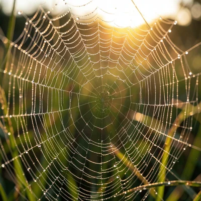 Close-up of dew drops on a spider web, early morning light catching each bead