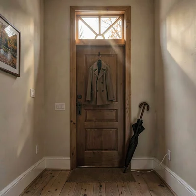 quiet vestibule with a single hanging coat, umbrella leaning by the door, late a