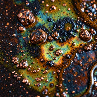 Copper-fumed raku surface, metallic copper deposits from post-firing reduction, 
