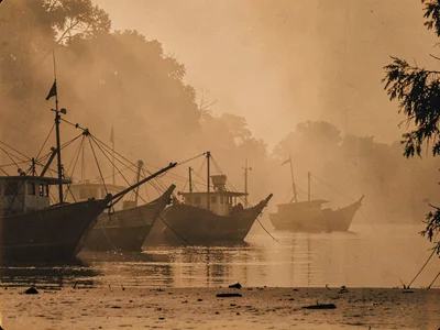 Fishing boats on river as dark forms in amber