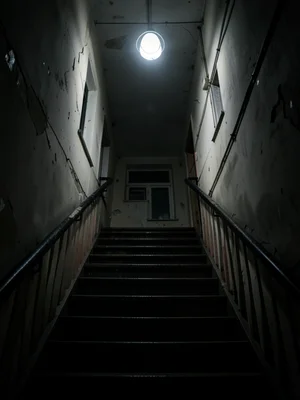 Staircase in old apartment building, harsh overhead light, deep shadows, looking