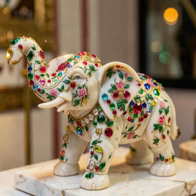 Through the Jaipur gem cutter's eye, faceted light, Carved elephant statue in iv