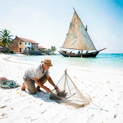 Brilliant Indian Ocean noon light in Dar es Salaam, Fisherman mending net on bea