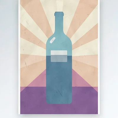 Vertical colour-block poster of a tall bottle silhouette over a sunburst