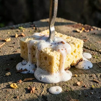 Dirty dish sponge with soap residue in afternoon light