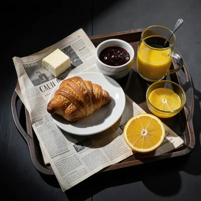 Breakfast flat lay: croissant, jam, butter, coffee, orange juice, newspaper on t