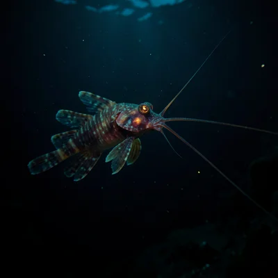 Deep sea anglerfish lure glowing, surrounding dark water faintly illuminated