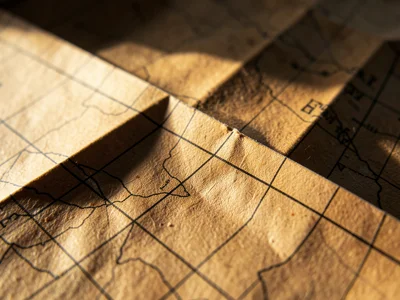 Extreme macro of origami mountain fold in vintage map paper, printed grid lines 