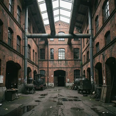 Textile factory ghosts in industrial Łódź, factory courtyard with dormant steam 