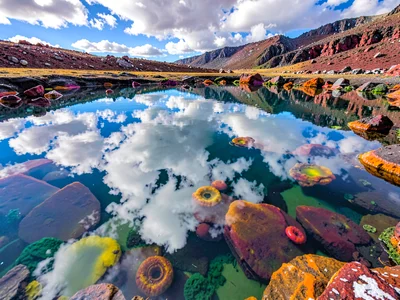 Thermal pool reflecting clouds on surface