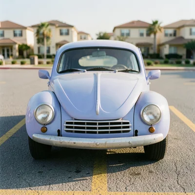 > A 1968 Volkswagen Type-1 Beetle in aware-blue (periwinkle blue) photographed head-on at a distance of approximately 25