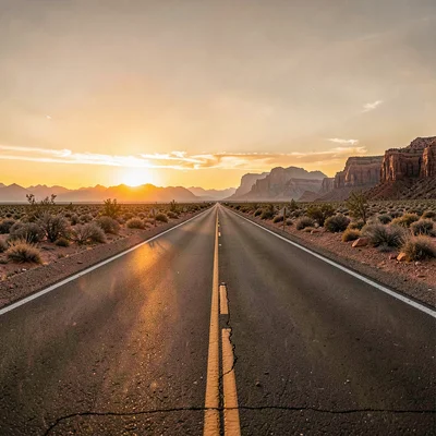 Warm desert-toned photograph, Sunset over desert highway, straight road to vanis