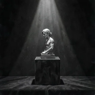 Charcoal narrative scene of a single sculpture on a plinth with a dramatic spotl