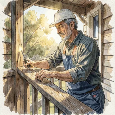 Wide environmental portrait of a handyman fixing a wobbly porch railing on a sun