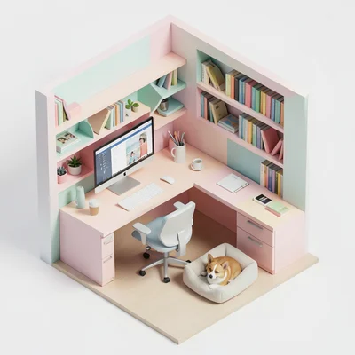A home office setup: L-shaped desk with dual monitors, bookshelf wall, a dog bed
