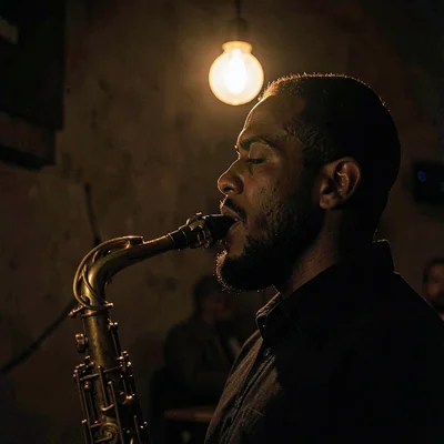 Lamp-lit portrait of a saxophonist in profile under a single warm bulb, deep sha