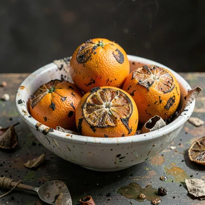 Mold patterns on forgotten orange in fruit bowl