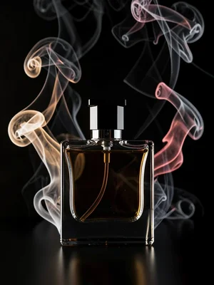A perfume bottle with smoke swirling around it, each wisp of smoke lit different