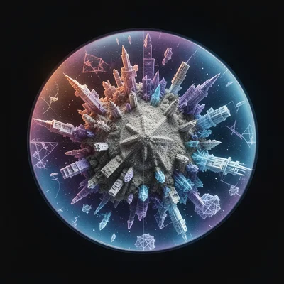 Sand grain under microscope revealing crystal structures that look like cities f