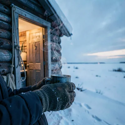 Photograph with Alaskan Arctic sensibility, Hands in thick gloves holding a stea