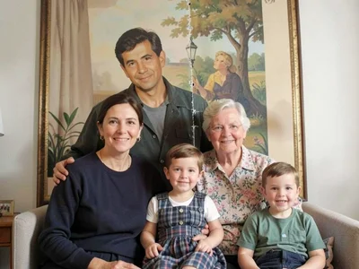 Family portrait where one figure is clearly a painted backdrop filling in for so