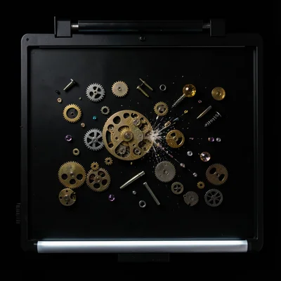 Watch parts arranged on scanner, tiny gears, springs, screws, and jewels from di