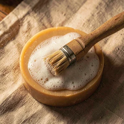 Warm overhead of an open shave soap puck with lather brush atop it, oat linen, d