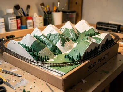 Mountain scenery being built, plaster shell over cardboard forms, green being ap