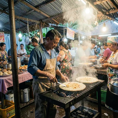 Humid tropical market light in Suva, Fiji, A roti being cooked on a flat grill, 