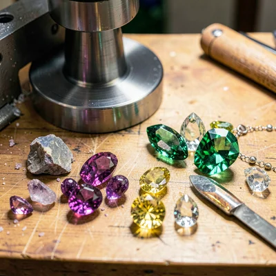 Through the Jaipur gem cutter's eye, faceted light, Rough crystals sorted on a c