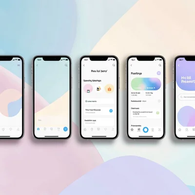 Screenshot grid feature strip of five phones in a horizontal row, each tilted sl
