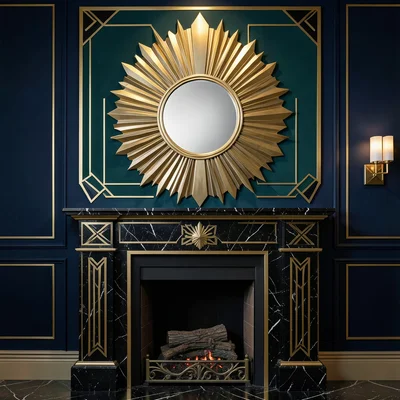 A gold-framed Deco sunburst mirror above a fireplace, the rays alternating polis