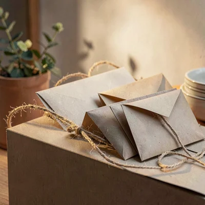 Papercraft scene of a paper-cut counter with layered cards, envelopes and twine,