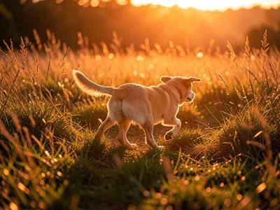 Dog running through tall grass, backlit