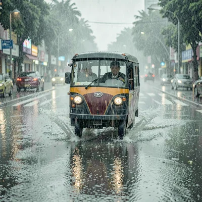 Monsoon season photograph, heavy rain atmosphere, An autorickshaw pushing throug