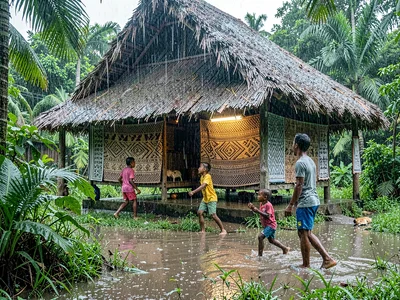 Open-air fale life in Samoa after rain, Children playing outside a fale in the a