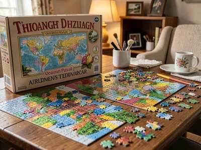Thousand piece puzzle box, ambitious undertaking, spread across entire table sur