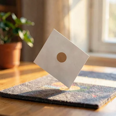 Vertical of a card flipped mid-air over a felt mat, warm soft glow