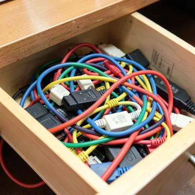 Tangled pile of charging cables and adapters in a desk drawer, different colors 