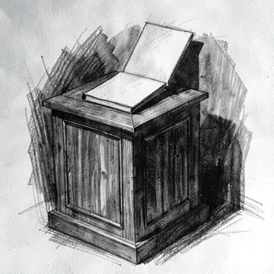 Charcoal sketch of a podium with a single open binder, deep painterly shadow fra